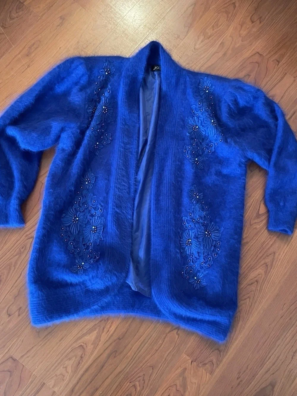 VTG 80% Angora Royal Blue Cardigan Sweater Jacket Beaded 80s Korea Puff Slv XL